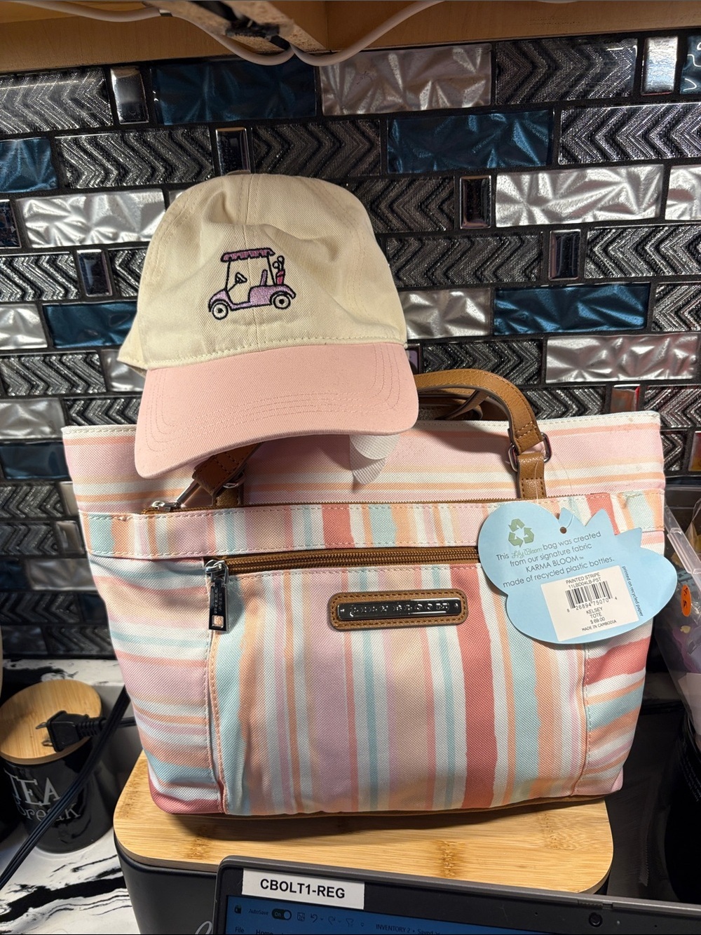 Lily Bloom Striped Tote in Pink, Cream & Light Blue with bonus hat